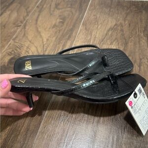 Zara Black Croc-Effect Heeled Sandals size 6.5